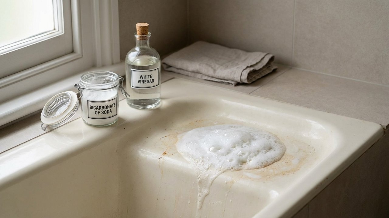 Effervescence du bicarbonate et vinaigre blanc sur baignoire