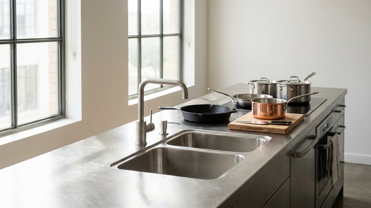 Plan de travail en inox avec évier et ustensiles de cuisine