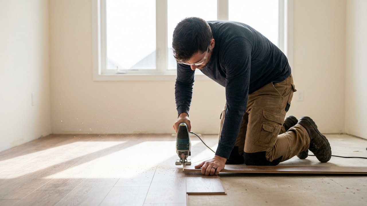 Découpe de lames de parquet stratifié à la scie sauteuse