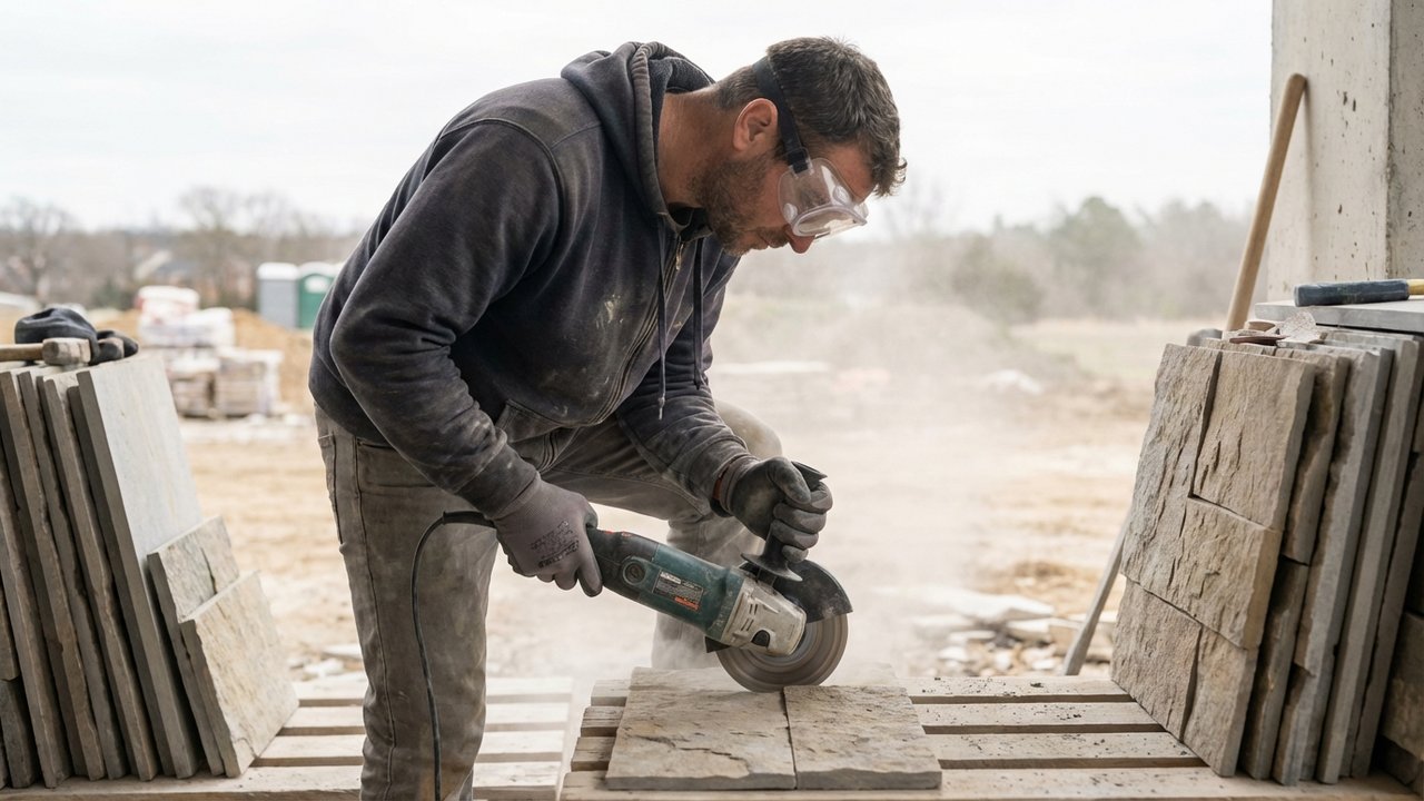 Découpe de pierres de parement avec une meuleuse diamantée