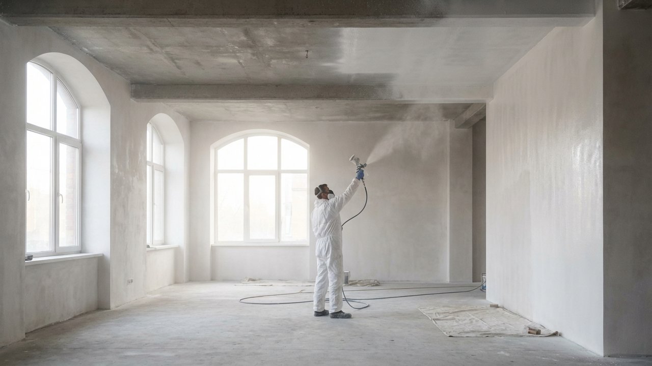 Peinture au pistolet sur les murs et plafond d'une grande pièce vide