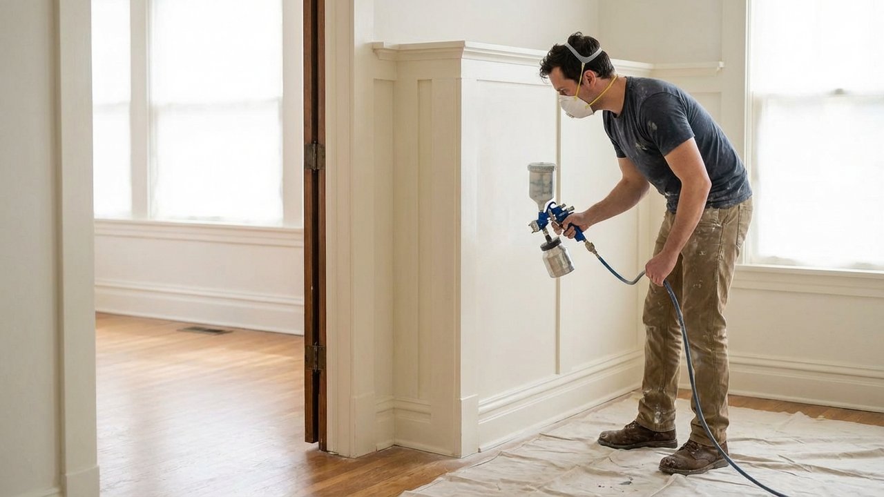 Peinture au pistolet d'une porte et plinthes en bois avec finition laquée