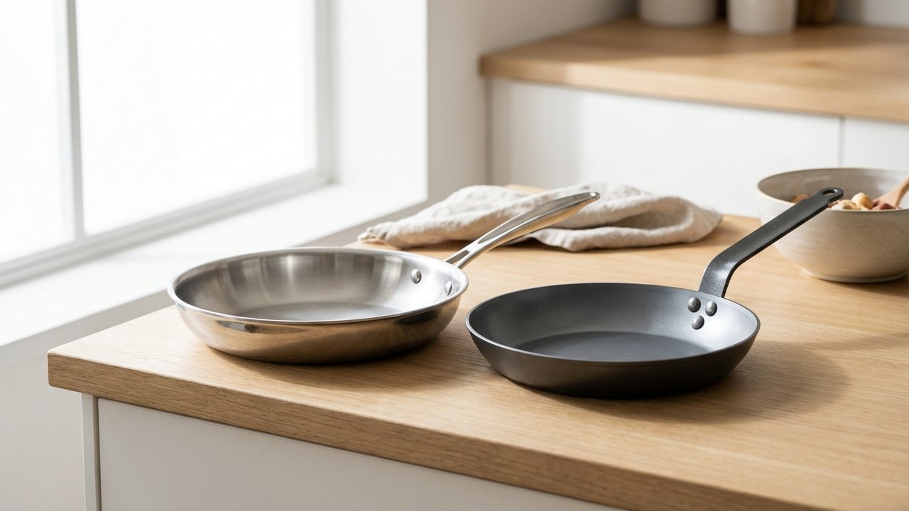 Poêle en inox et poêle en aluminium côte à côte