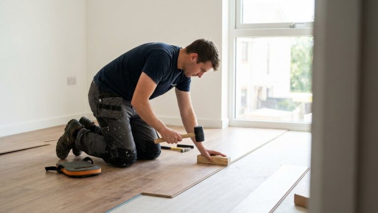 Installation de parquet stratifié avec taquoir et marteau