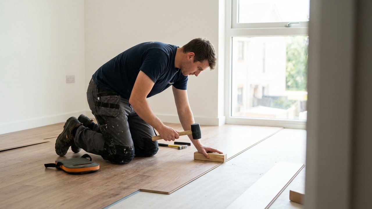 Installation de parquet stratifié avec taquoir et marteau