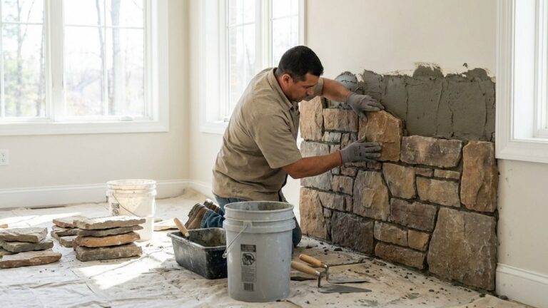 Installation de pierres de parement sur un mur