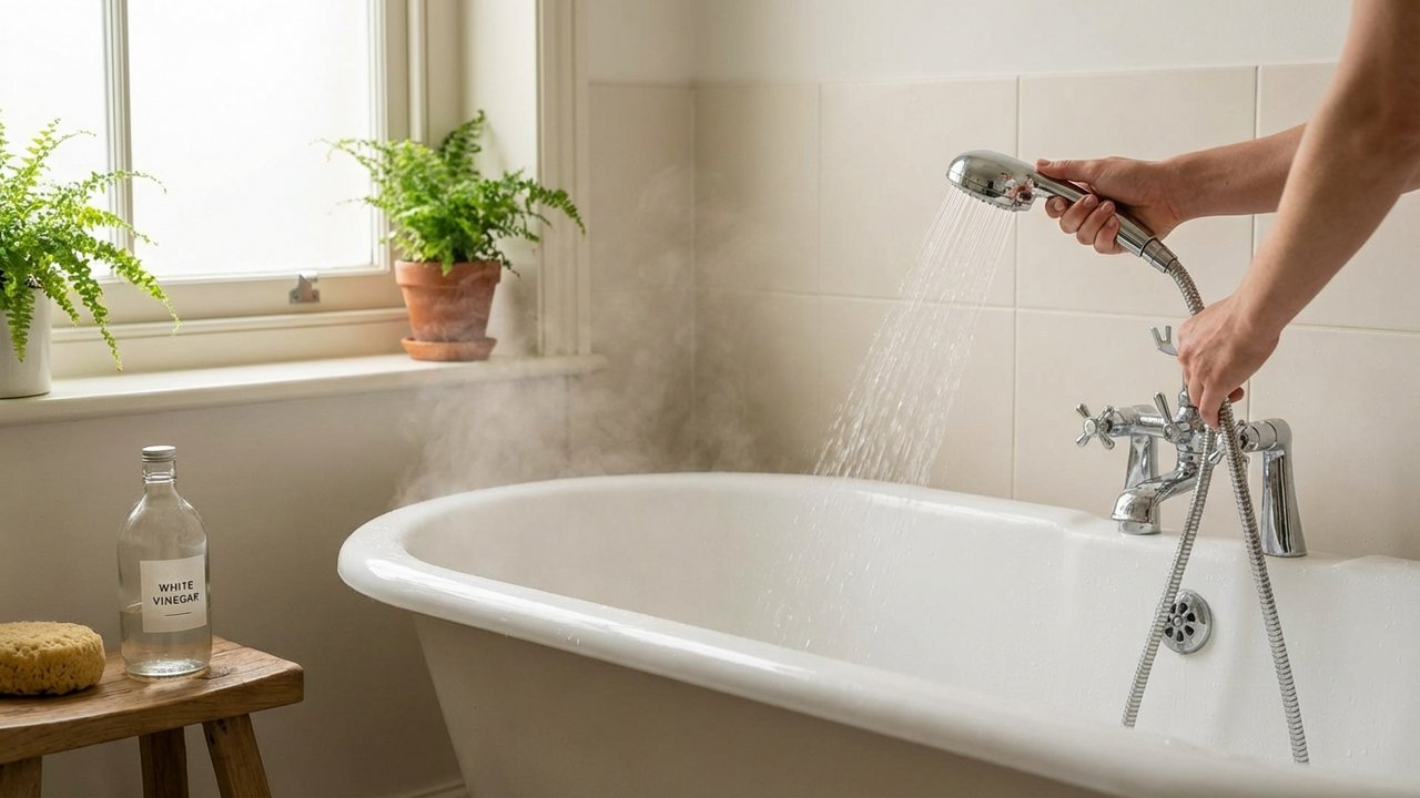 Rinçage d'une baignoire après traitement au vinaigre