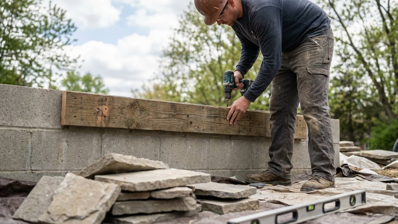 Pose du tasseau d'appui pour pierres de parement