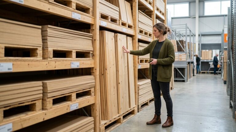 Client sélectionnant des plaques de bois fines en grande surface de bricolage
