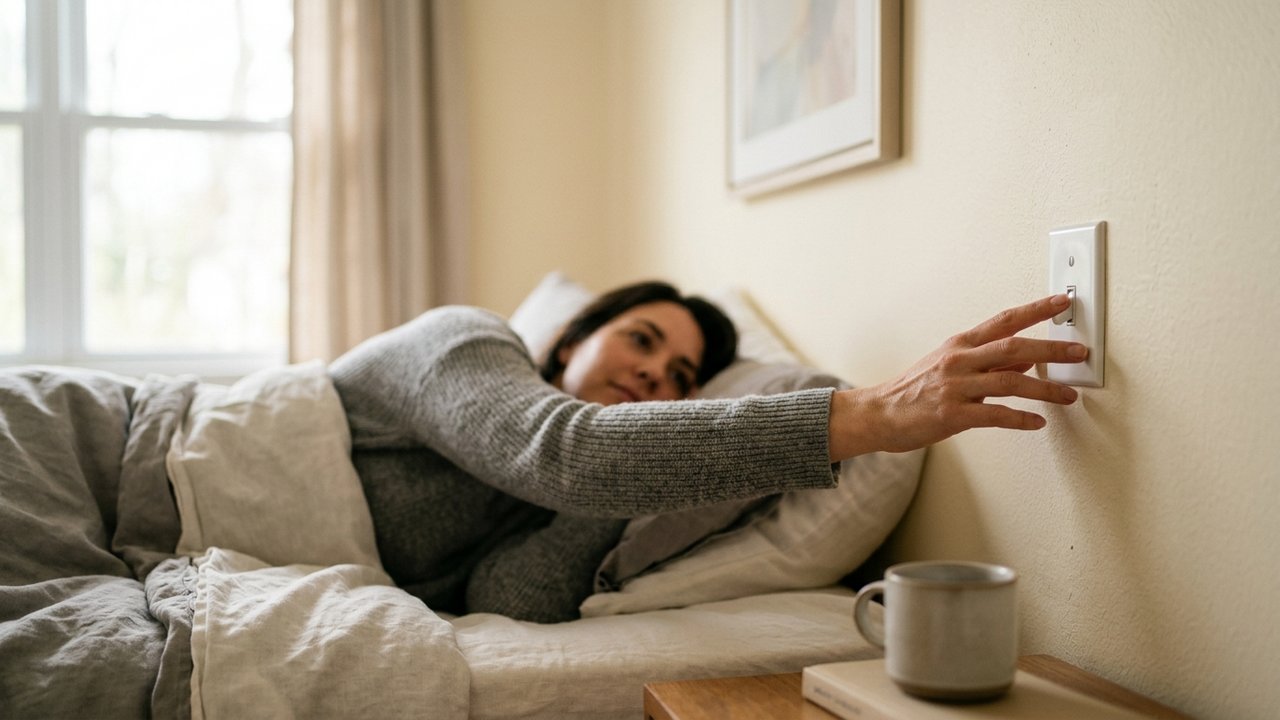 Main actionnant un interrupteur tête de lit depuis le lit
