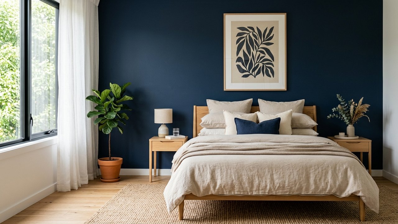 Chambre bleu nuit et beige avec tête de lit bleu marine et linge de lit beige