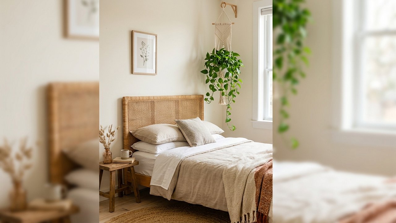 Chambre bohème chic avec tête de lit en rotin et plante suspendue en macramé