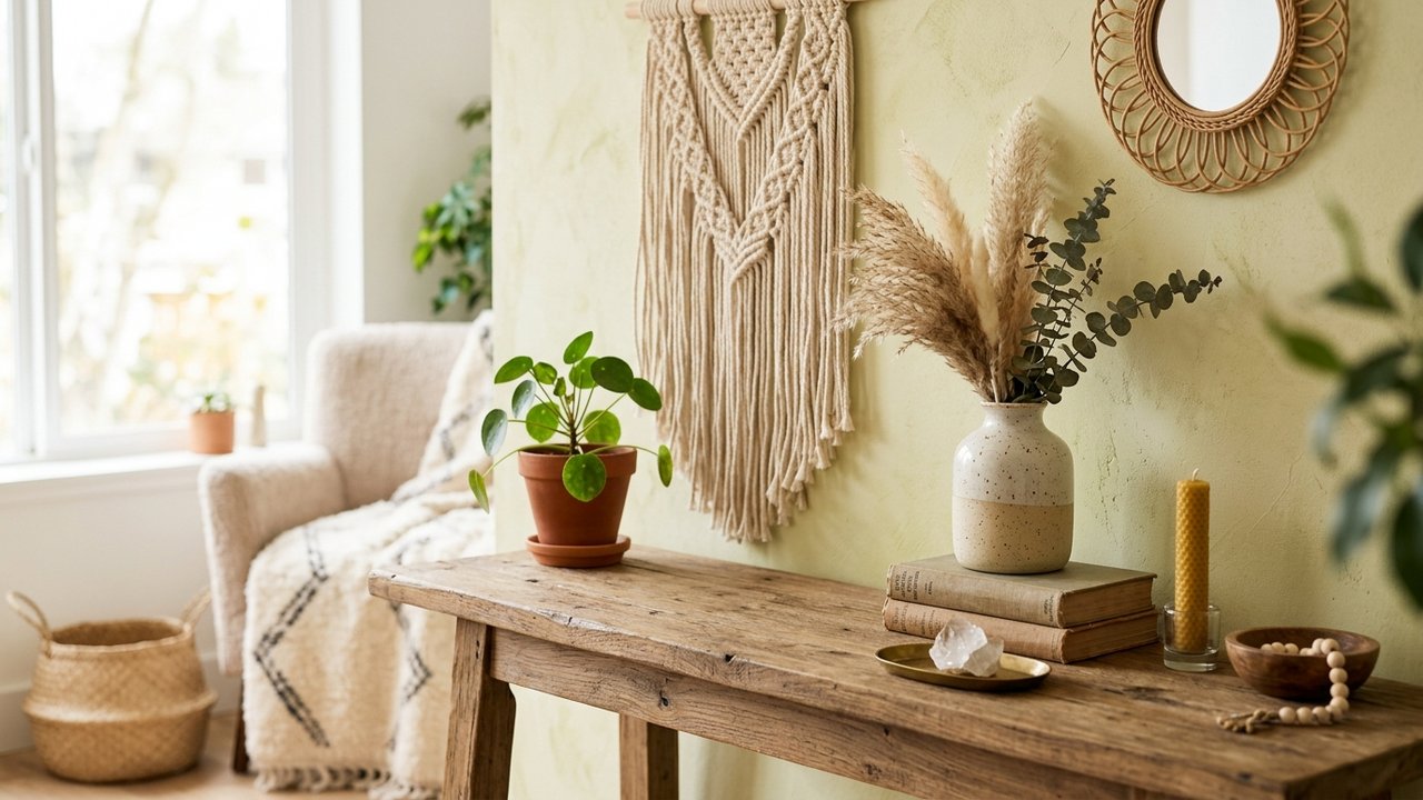 Collection d'objets de décoration boho chic : paniers, céramiques et textiles