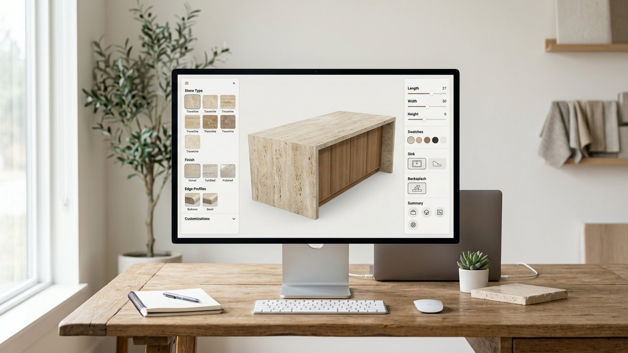 Configurateur en ligne pour commander un plan de travail en travertin sur mesure