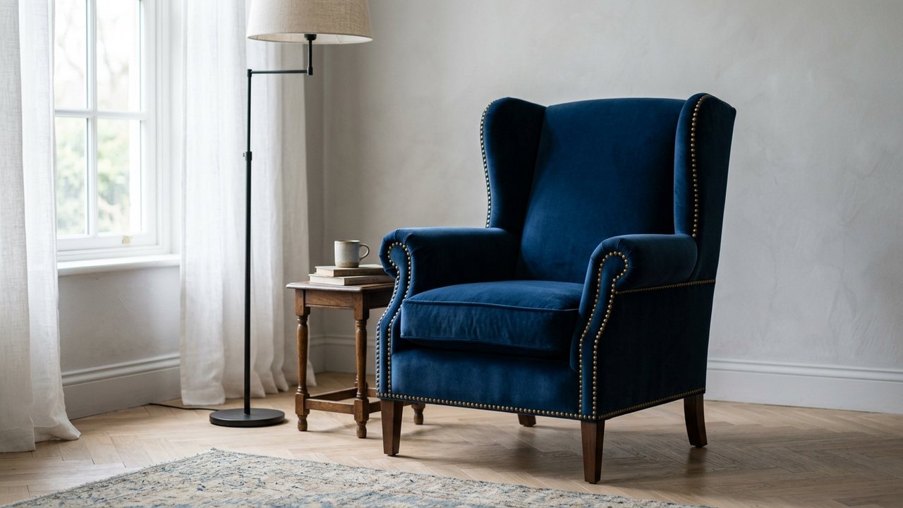 Fauteuil Voltaire relooké avec tissu bleu et clous dorés