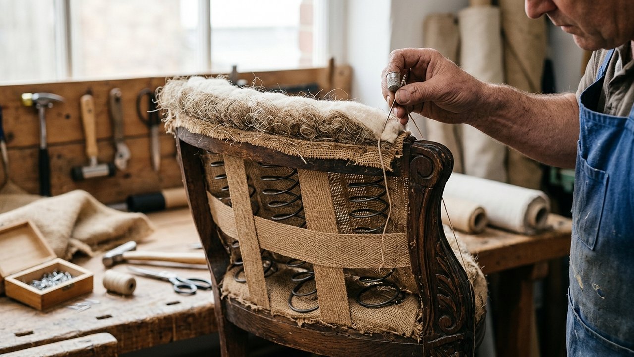 Technique de garnissage traditionnel sur un fauteuil Voltaire
