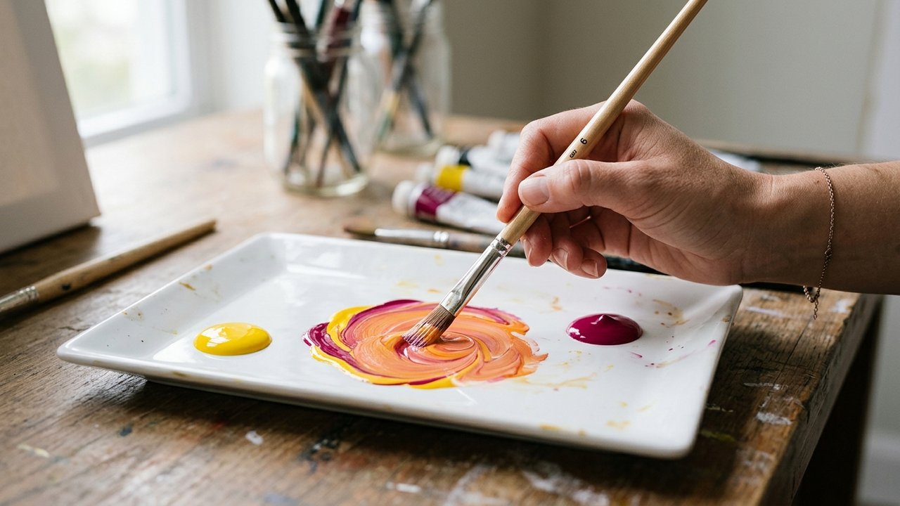 Mélange progressif de magenta et jaune sur palette blanche
