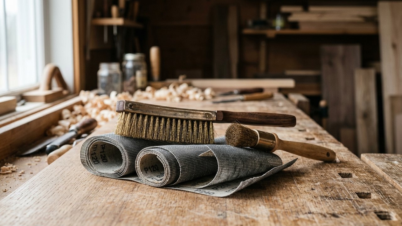 Outils de finition : maille abrasive et brosse bronze pour meuble en bois
