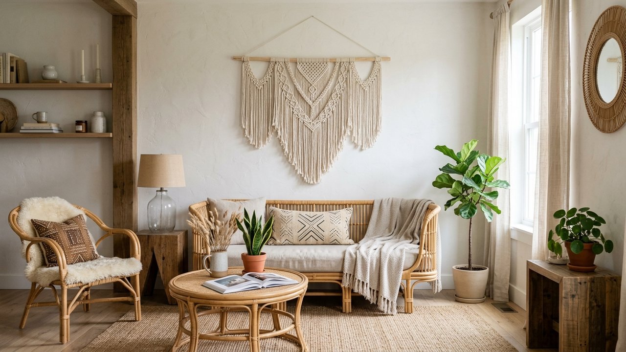 Salon bohème chic avec suspension macramé et meubles en rotin