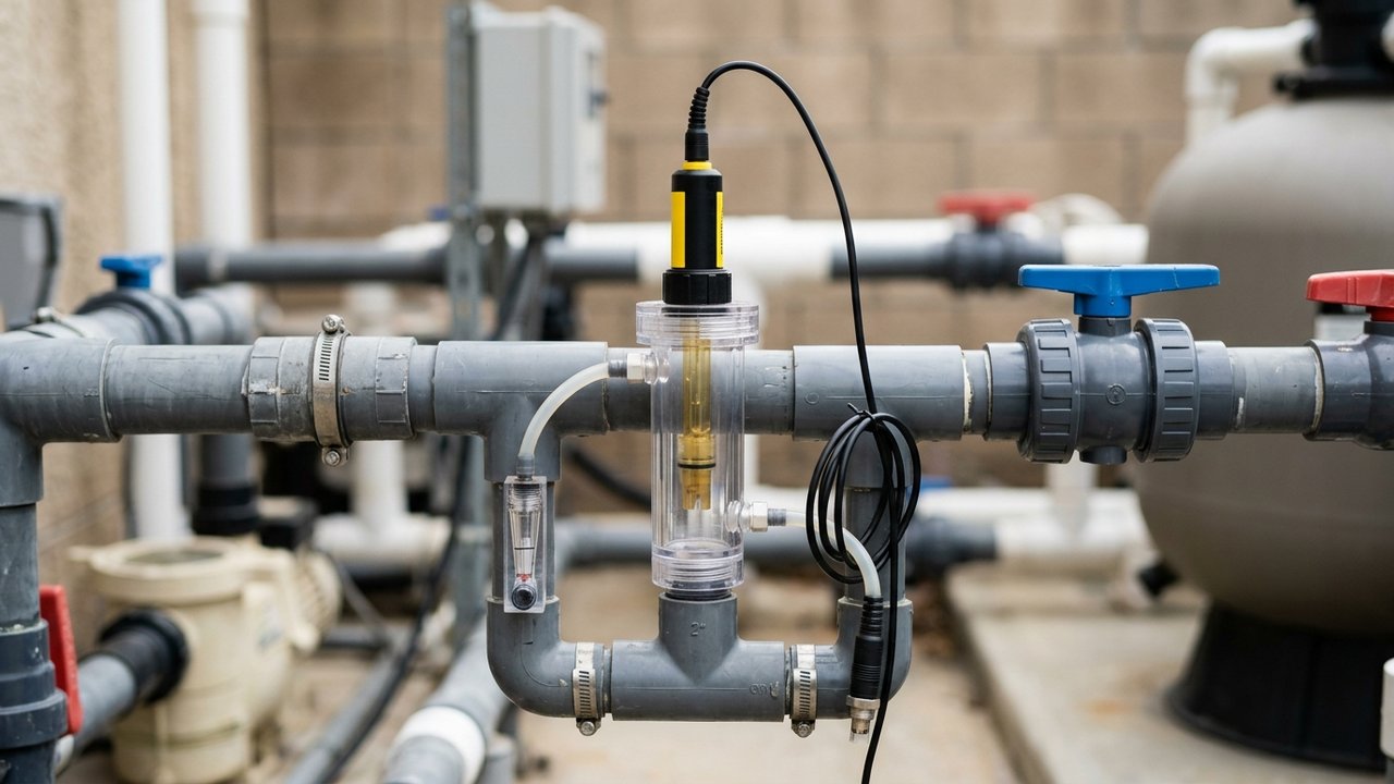 Porte-sonde redox installé sur le circuit hydraulique d'une piscine au sel