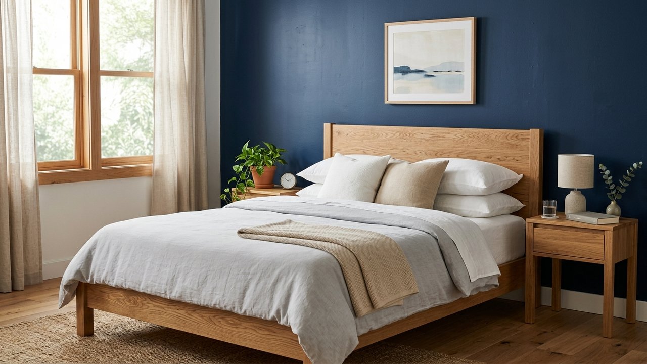 Mur de tête de lit peint en bleu nuit avec mobilier en bois clair