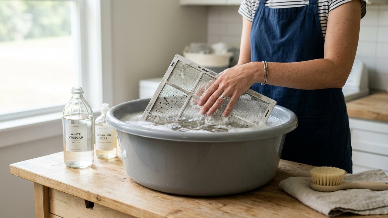 Trempage du filtre de climatisation dans l'eau savonneuse et vinaigre blanc