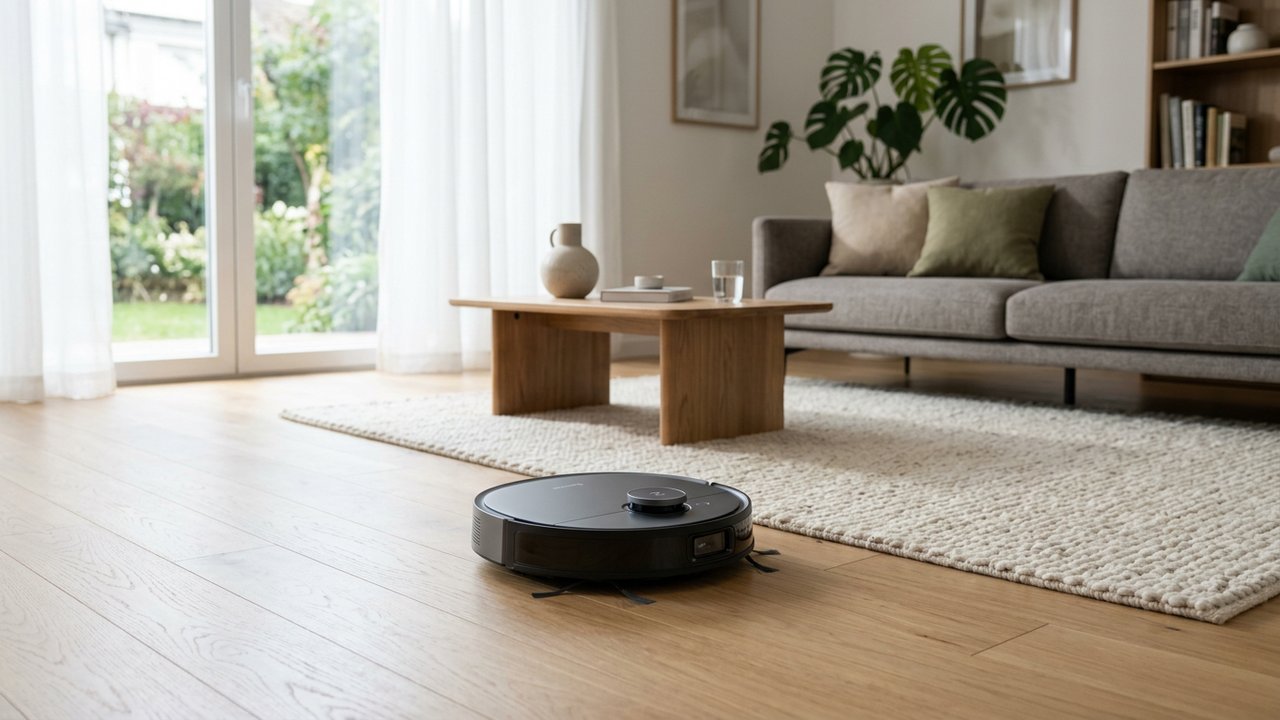 Aspirateur robot Ecovacs en action sur un sol de salon