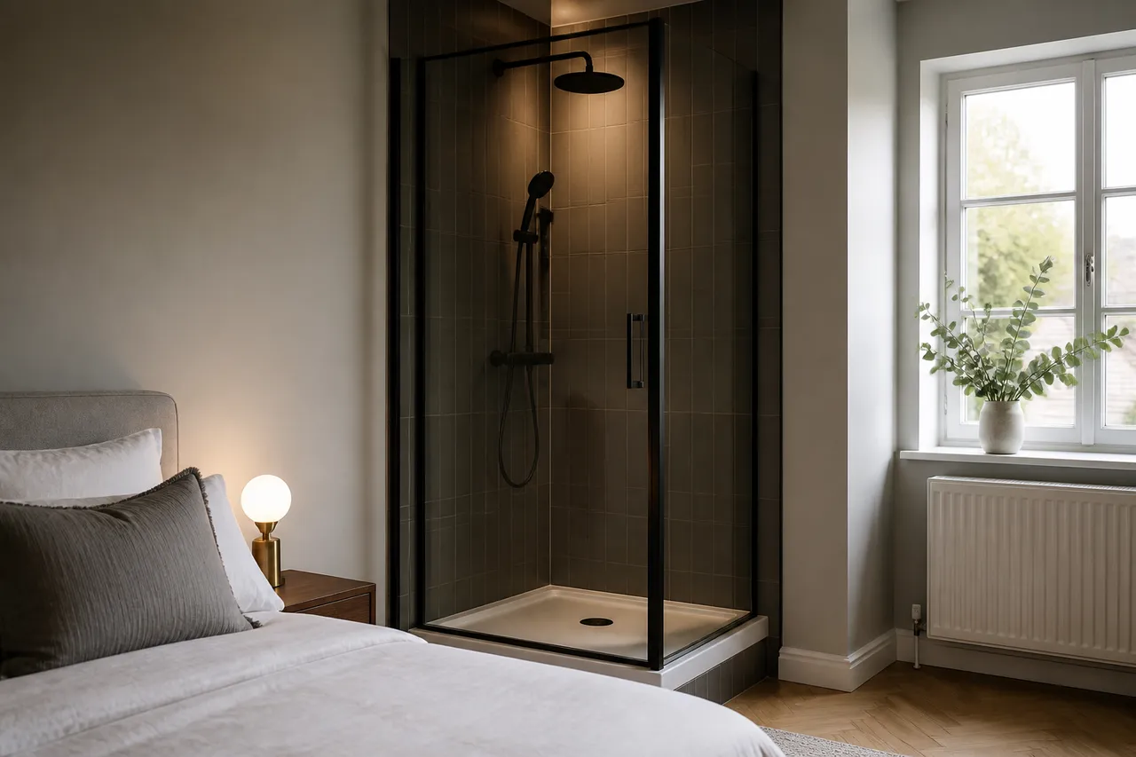 Cabine de douche d'angle dans une chambre de 10 m²