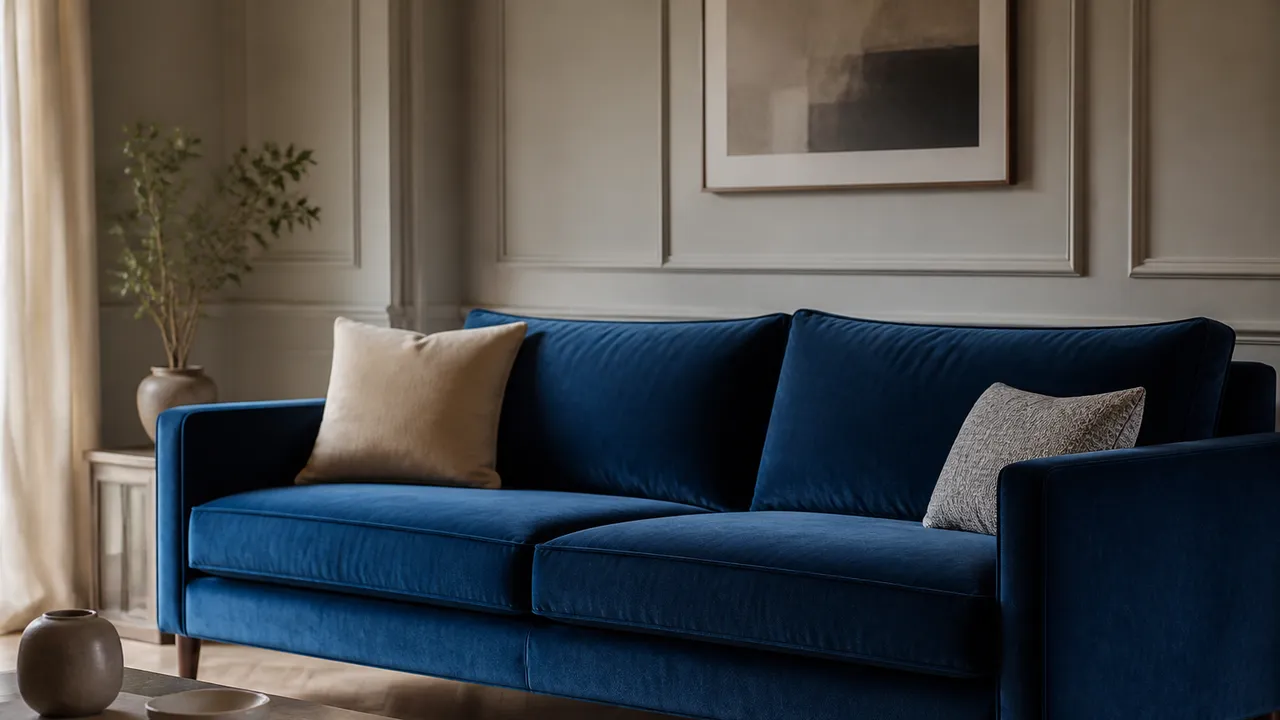 Déco salon bleu : canapé en velours dans un salon neutre