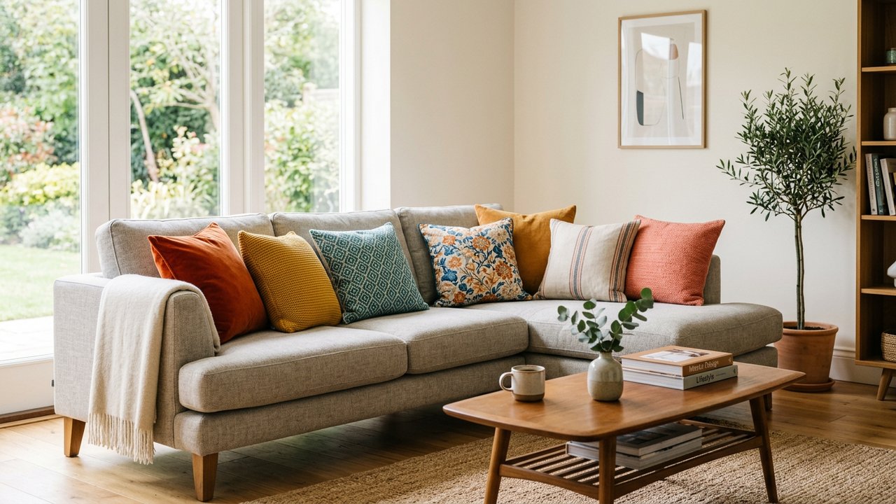 Coussins décoratifs de différentes textures et couleurs sur un canapé