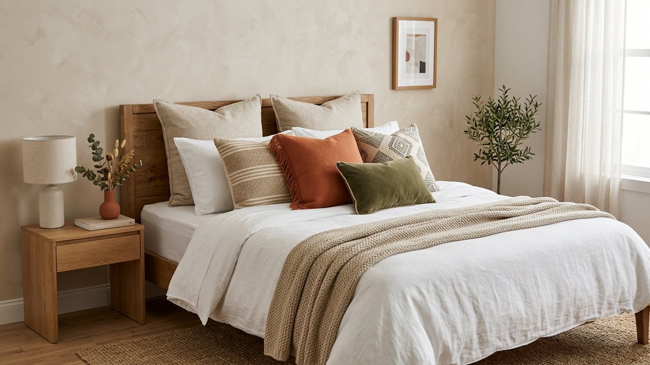 Disposition de coussins décoratifs superposés sur un lit avec tête de lit