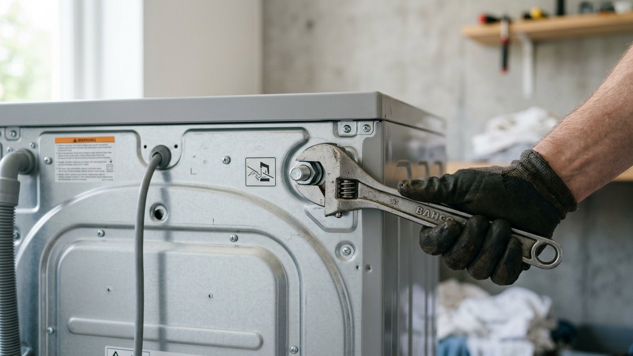 Dévissage d'un boulon de transport sur le panneau arrière du lave-linge