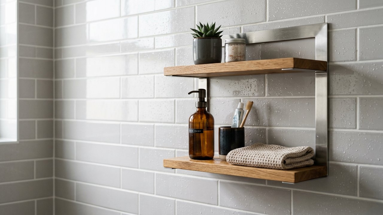 Étagère salle de bain en acier inoxydable et bois résistant à l'humidité