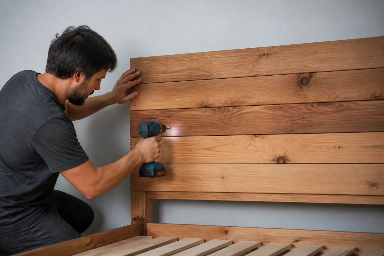 Fixation des planches d'une tête de lit en bois