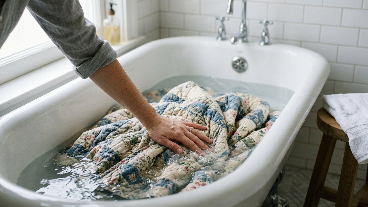 Lavage à la main d'un boutis dans une baignoire avec eau tiède