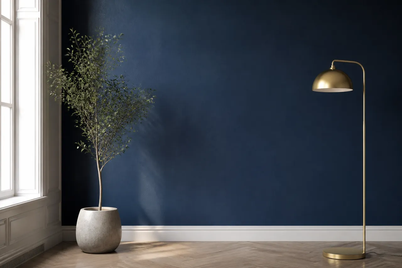 Mur bleu nuit et lampe dorée pour un salon chic