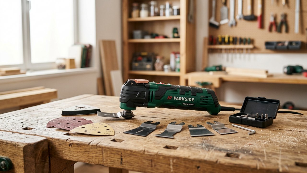 Outil multifonction Parkside avec accessoires de sciage et ponçage