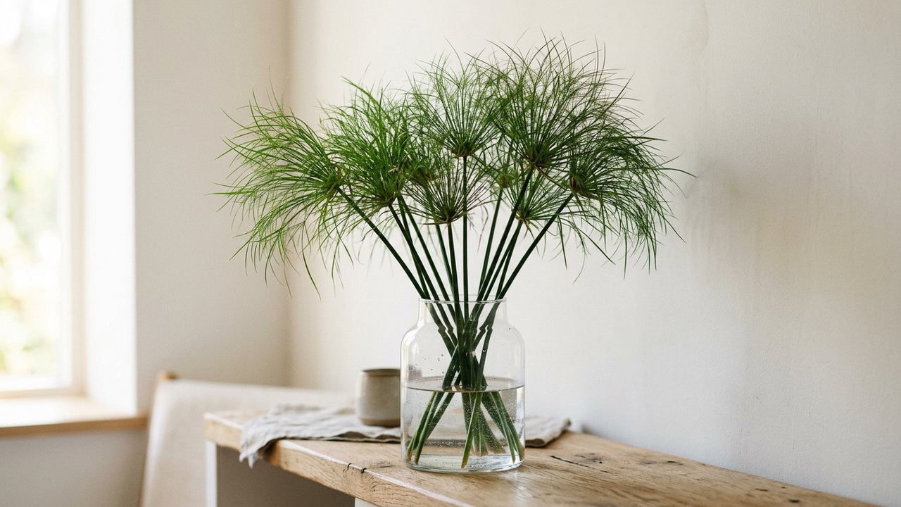 Papyrus dans un vase d'eau transparent avec ses tiges et ombrelles graphiques