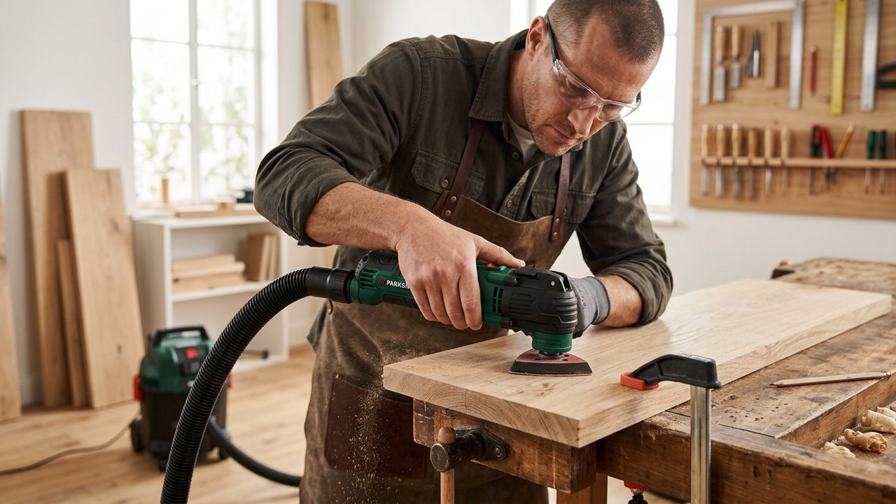 Outil multifonction Parkside utilisé pour poncer du bois avec aspiration poussière