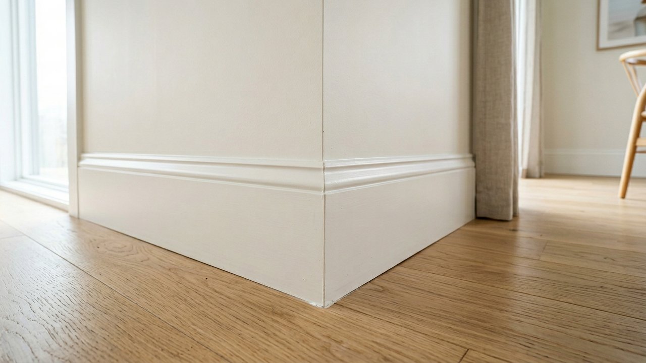Jonction de deux plinthes en angle sortant avec onglets symétriques