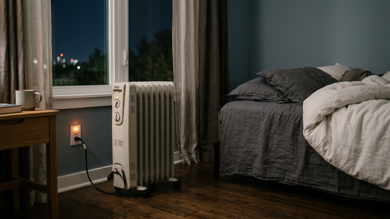 Radiateur bain d'huile allumé dans une chambre la nuit