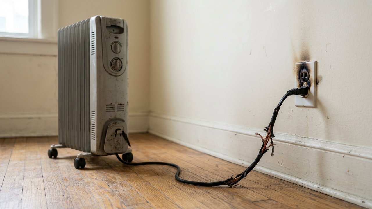 Radiateur bain d'huile défectueux montrant les risques d'incendie