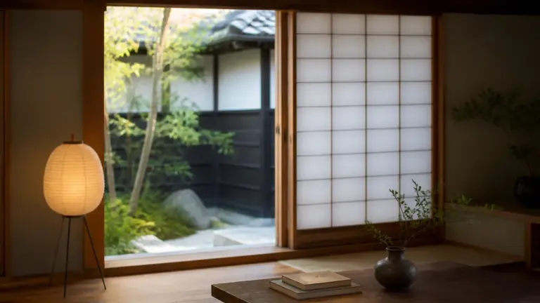 Décoration japonaise maison avec lampe washi et bois naturel