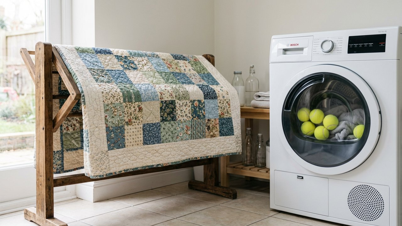 Séchage d'un couvre-lit matelassé avec balles de tennis