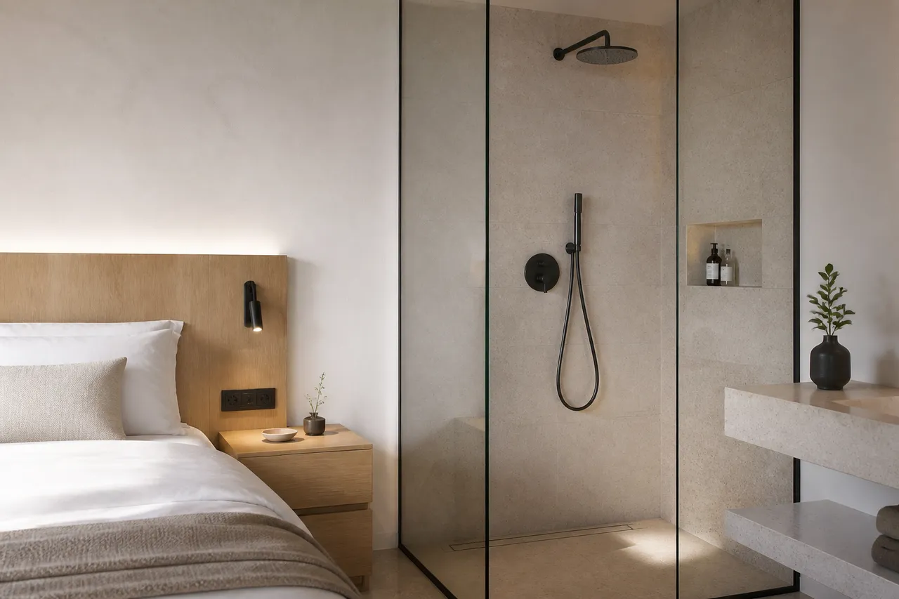 Séparation de la douche et de la chambre par une verrière