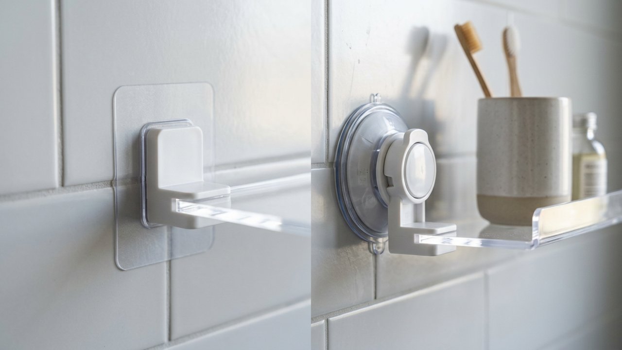 Systèmes de fixation adhésifs et ventouses pour étagère salle de bain