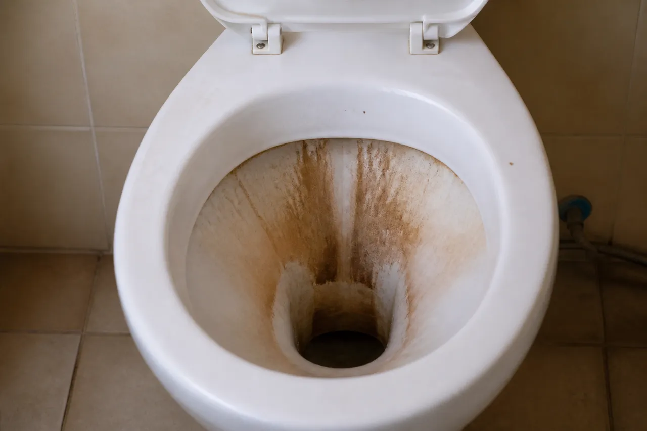 Taches brunes tenaces sur une toilette entartrée