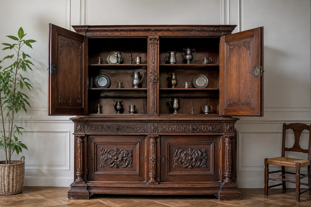 Buffet Henri II modernisé avec portes supérieures ouvertes