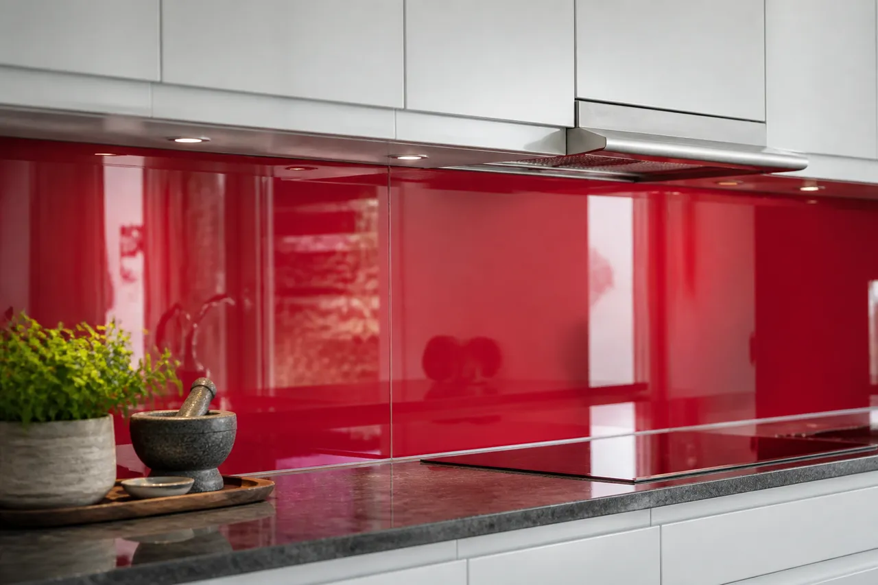 Crédence rouge brique dans une cuisine rouge et grise