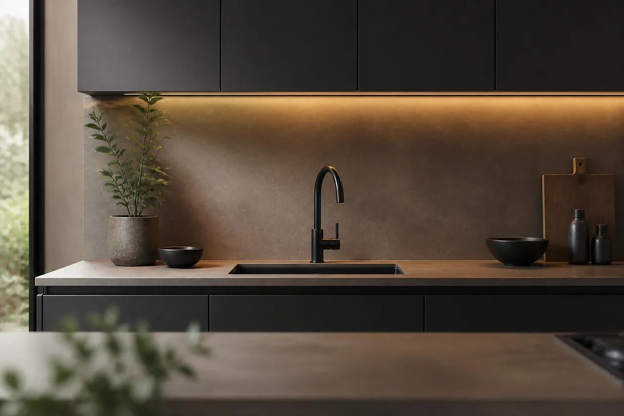 Éclairage d'une cuisine rouge et gris anthracite